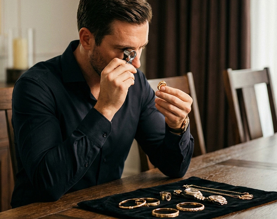 Professional examining gold jewelry with a jeweler's loupe